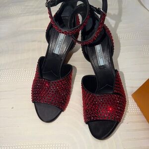 Prada Black Sandals with Red Crystal Embellishments